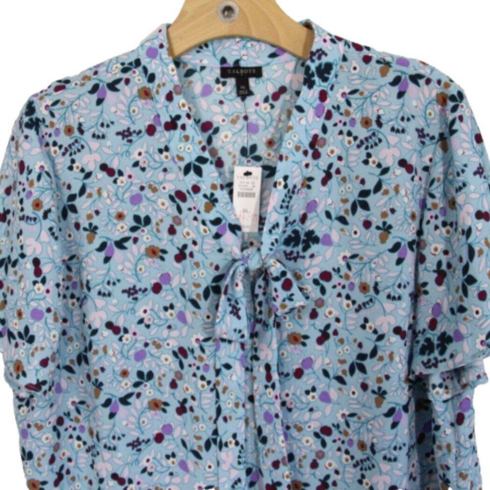 Talbots Floral Top New Women Short Sleeve Blouse V Neck Bow Shirt sz XL - Picture 2 of 11